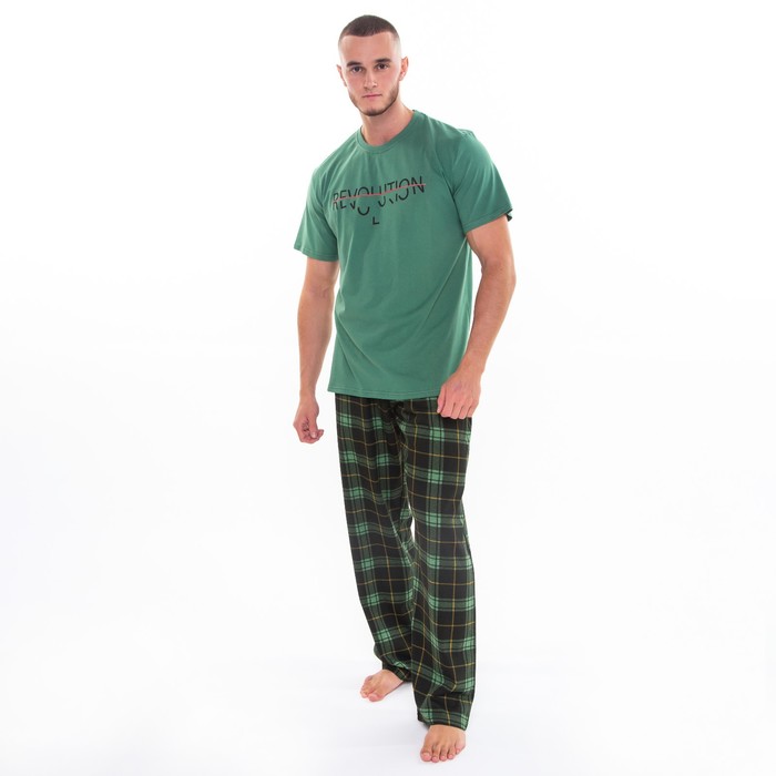 Комплект (футболка/брюки) мужской, цвет зеленый/клетка, размер 52