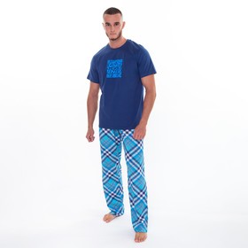 Комплект (футболка/брюки) мужской, цвет синий/клетка, размер 48