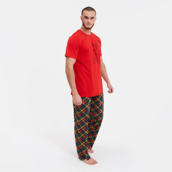 Комплект (футболка/брюки) мужской, цвет красный/клетка, размер 48