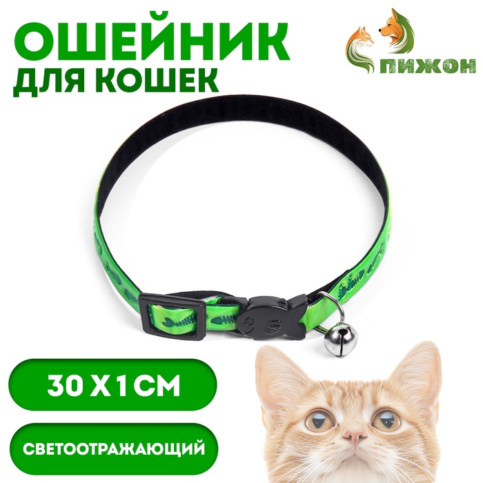 Ошейник кошачий со светоотражающим покрытием «Рыбки», 30×1 см, зелёный - Фото 1