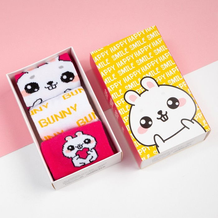 Носки для девочки KAFTAN: Smile, набор 3 пары, белые, розовые, 16-18 - Фото 1