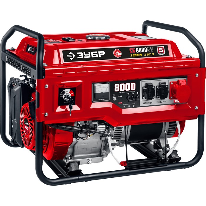 Бензиновый генератор ЗУБР СБ-8000Е-3, 4Т, 8000 Вт, 18 л.с., 2×220 В/380 В, электро пуск - Фото 1