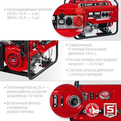 Бензиновый генератор ЗУБР СБ-7000Е-3, 4Т, 7000 Вт, 2×220 В/380 В, ручной/электропуск
