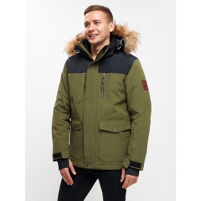 Куртка зимняя мужская удлиненная с мехом цвета хаки, размер 56