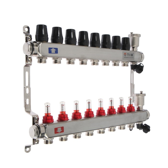 Коллекторная группа TIM KCS5008, 1" × 3/4", 8 выходов, без кранов, нержавеющая сталь - Фото 1