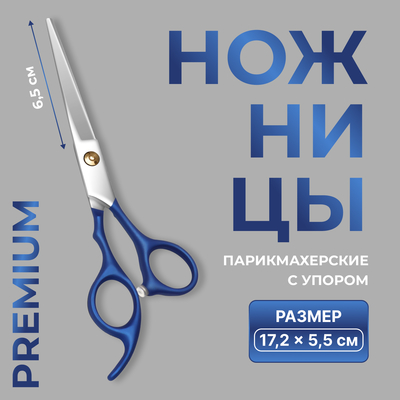 Ножницы парикмахерские с упором Premium, лезвие — 6.5 см, серебристые, синие