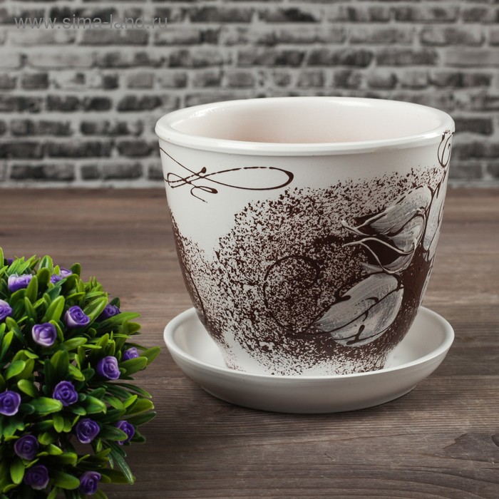Горшок цветочный Пролеска коричневая 1л с подставкой - Фото 1