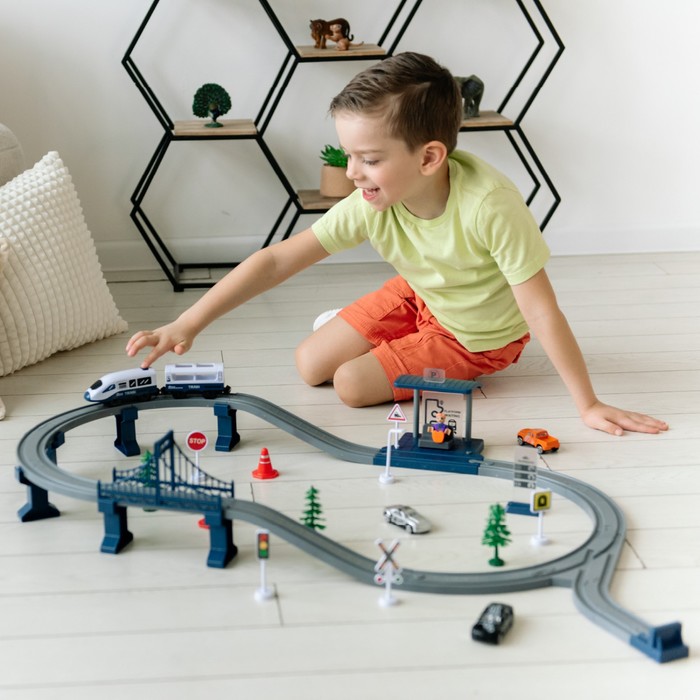 Железная дорога для детей «Мой город», 63 предмета, синяя - фото 1900102253
