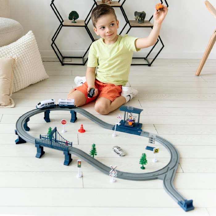 Железная дорога для детей «Мой город», 63 предмета, синяя - фото 1900102254