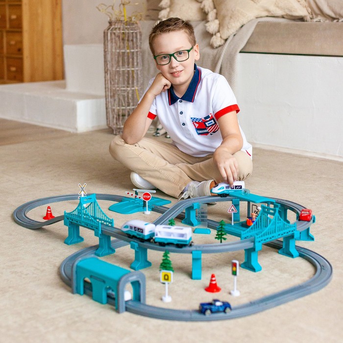 Большая игрушечная железная дорога «Мой город», 104 предмета, бирюзовая - фото 1910352652