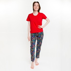 Комплект женский (футболка/брюки), цвет красный/бабочки, размер 50