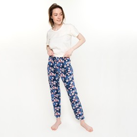 Комплект женский (футболка/брюки), цвет бежевый/цветы, размер 48