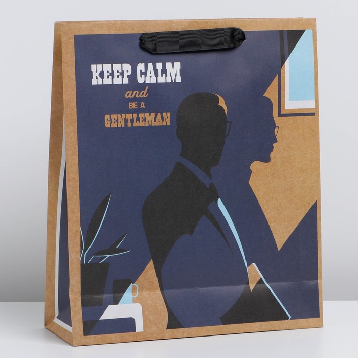 Пакет подарочный крафтовый вертикальный, упаковка, Keep calm, M 26 х 30 х 9 см - фото 1908880130