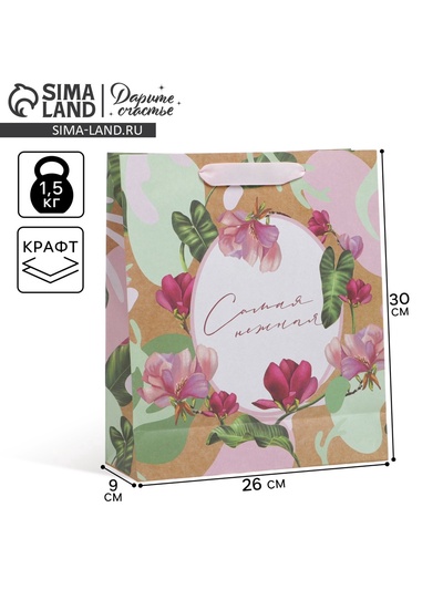 Пакет подарочный крафтовый, упаковка, «Нежность», M 26×30×9 см