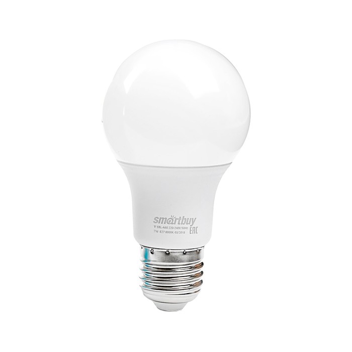 Лампа светодиодная Smartbuy, E27, А60, 7 Вт, 6000 К, холодный белый свет - Фото 1
