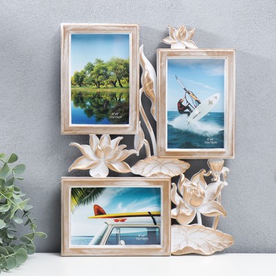 Фоторамка - коллаж на 3 фото 10×15 см «Лотосы», золотисто-белый, 36×27 см