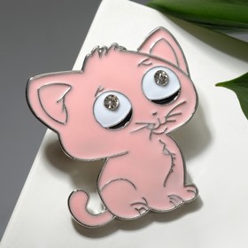 Брошь "Котик" с большими глазами, цвет розовый в серебре
