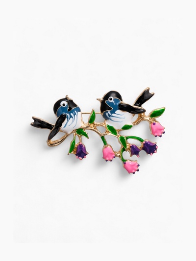 Брошь «Птички» на цветочной ветви, цветная в золоте