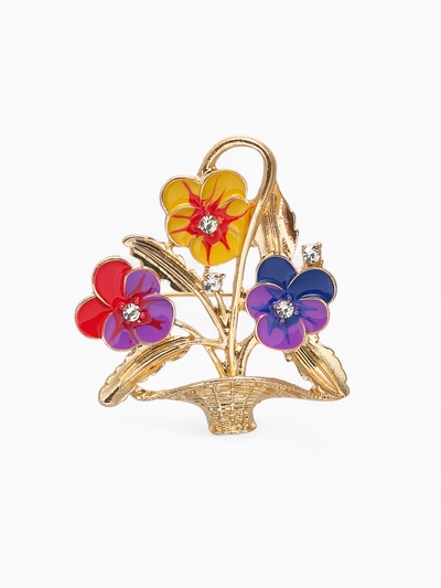 Брошь «Цветочная корзинка» анютины глазки, цветная в золоте