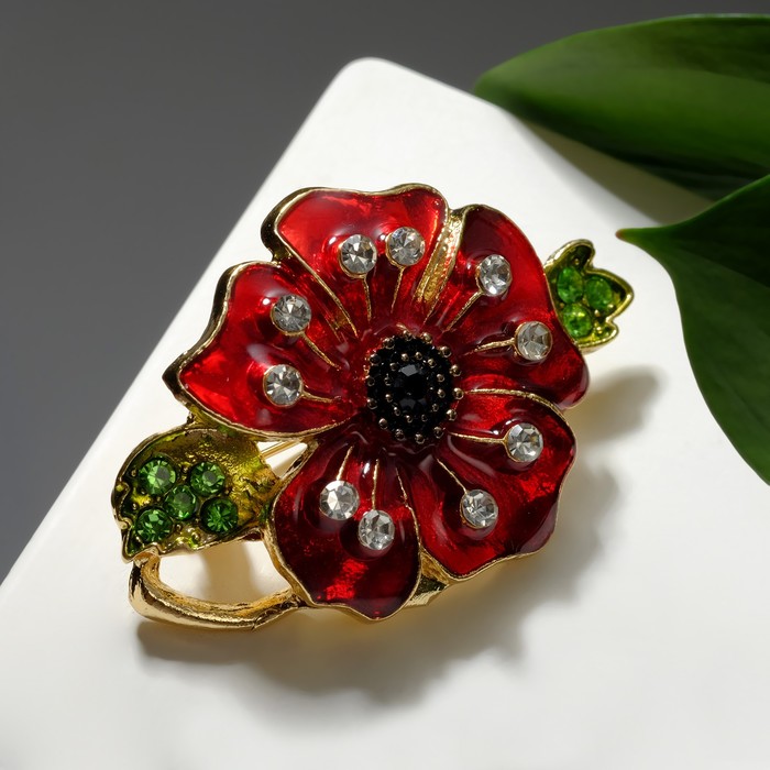 Брошь «Цветок» мак, цвет бордово-зелёный в золоте - Фото 1