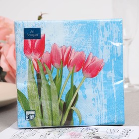 Салфетки бумажные "Art Bouquet" Красные тюльпаны на голубом, 3 слоя,33x33, 20 листов