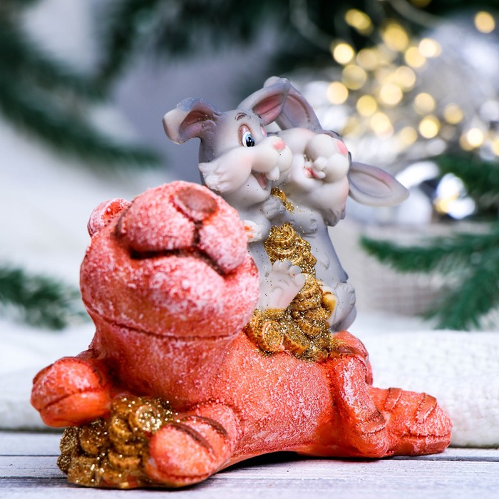 Копилка "Зайцы на тигре" серые, 12х10х13см - Фото 1