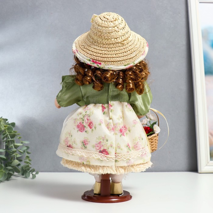 Кукла коллекционная керамика "Энни в нежно-мятном платье, шляпке и с корзинкой" 30 см 53620