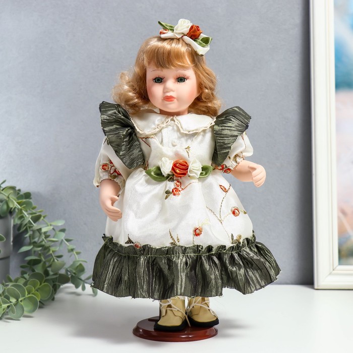 Кукла коллекционная керамика &quot;Беатрис в атласном платье с розочками&quot; 30 см