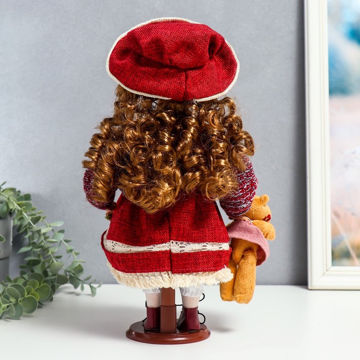 Кукла коллекционная керамика "Элла в бордовом платье, шляпе и с мишкой" 30 см 53628