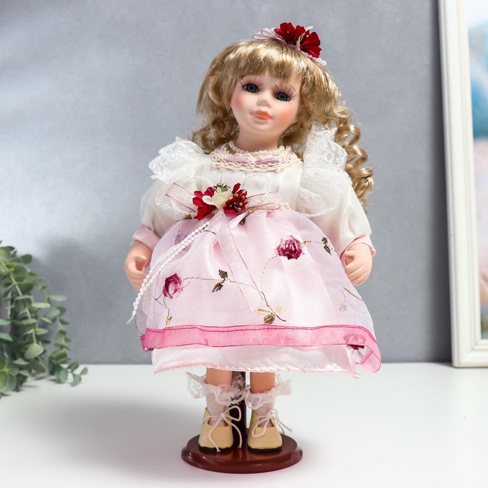 Кукла коллекционная керамика "Агата в бело-розовом платье и с цветами в волосах" 30 см - Фото 1