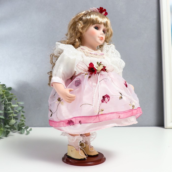 Кукла коллекционная керамика "Агата в бело-розовом платье и с цветами в волосах" 30 см - фото 1877933928