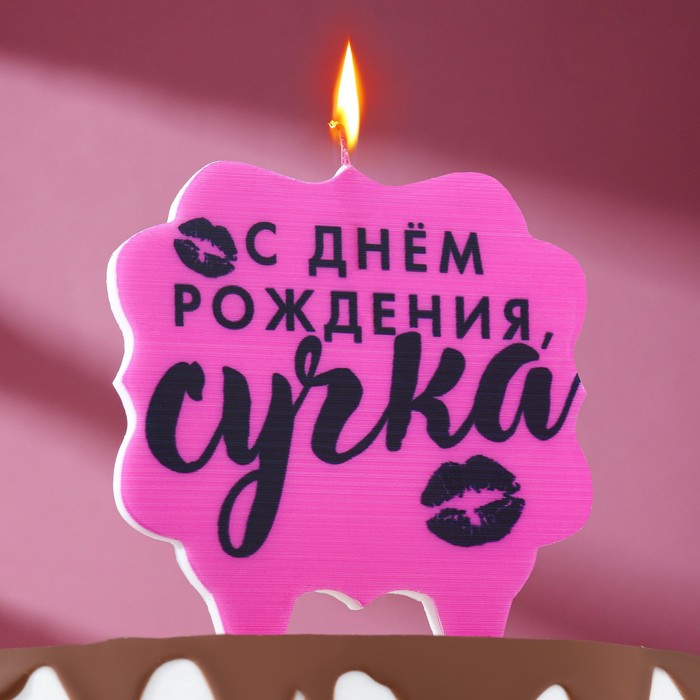 Свеча для торта "С днем рождения, сучка", 8 см, розовая - Фото 1
