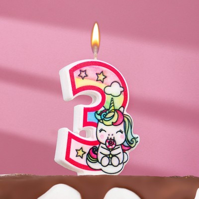 Свеча в торт "Единорог с шариком", цифра 3, розовый, 6,5 см