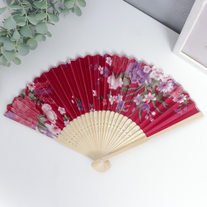 Веер бамбук, текстиль h=21 см "Цветы" с чехлом, бордовый - фото 1888299024