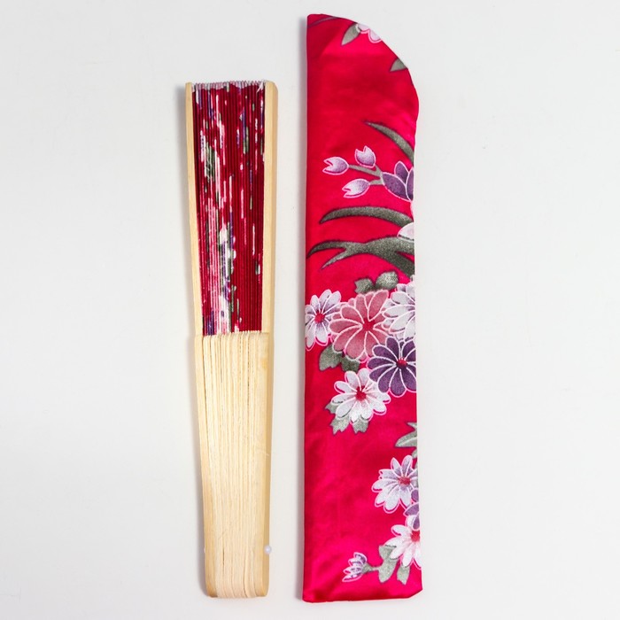 Веер бамбук, текстиль h=21 см "Цветы" с чехлом, бордовый - фото 1888299031