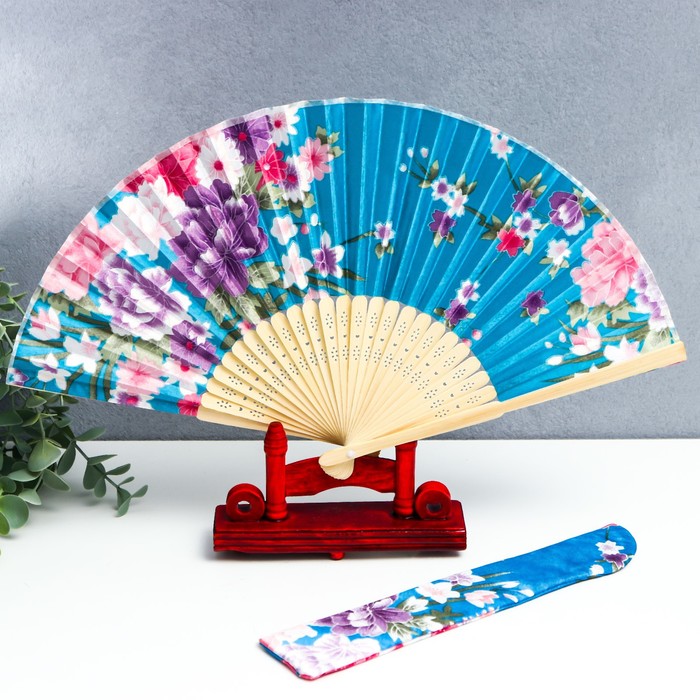 Веер бамбук, текстиль h=21 см "Цветы" с чехлом, голубой - Фото 1