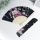 Веер бамбук, текстиль h=21 см "Цветы" с чехлом, чёрный - фото 319726807