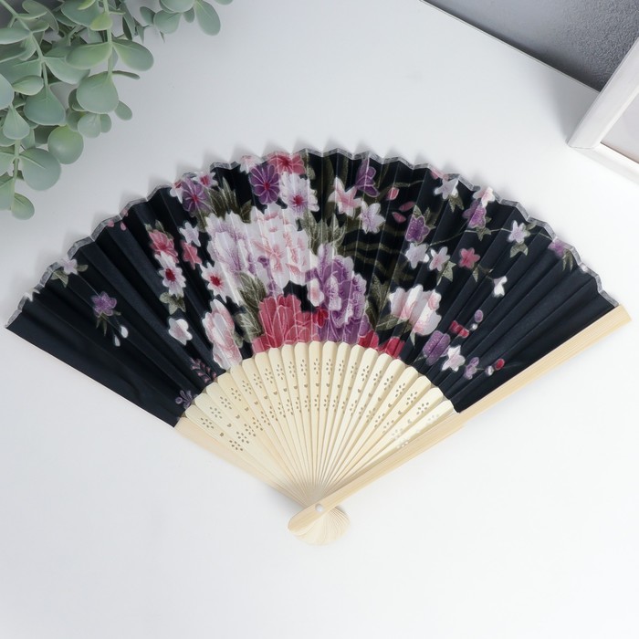 Веер бамбук, текстиль h=21 см "Цветы" с чехлом, чёрный - фото 1907423133