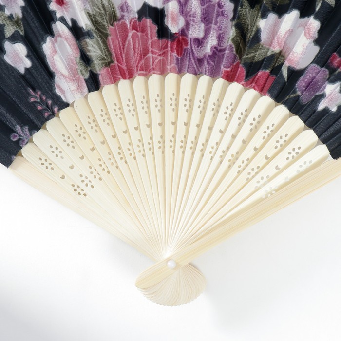 Веер бамбук, текстиль h=21 см "Цветы" с чехлом, чёрный - фото 1907423135