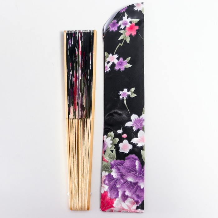 Веер бамбук, текстиль h=21 см "Цветы" с чехлом, чёрный - фото 1927882112