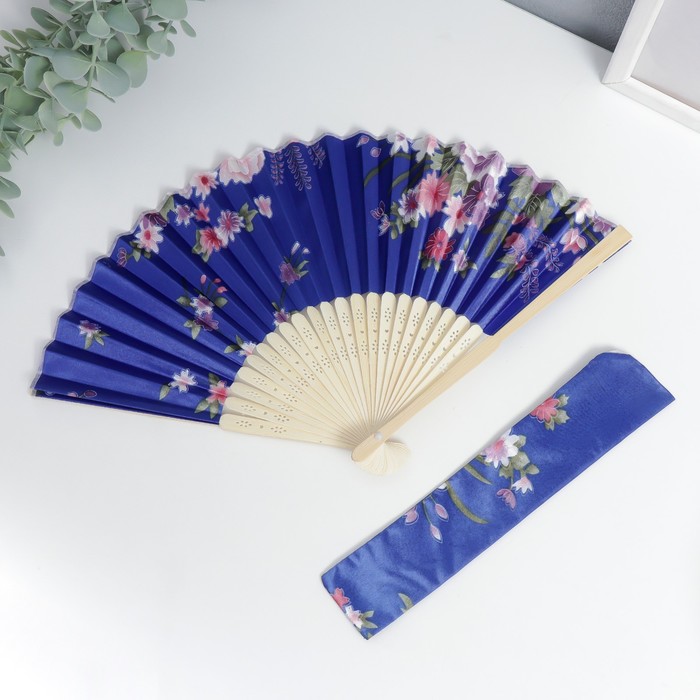 Веер бамбук, текстиль h=21 см &quot;Цветы&quot; с чехлом, синий