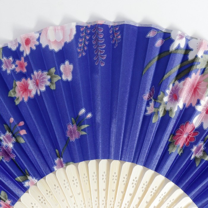 Веер бамбук, текстиль h=21 см "Цветы" с чехлом, синий - фото 1907423144