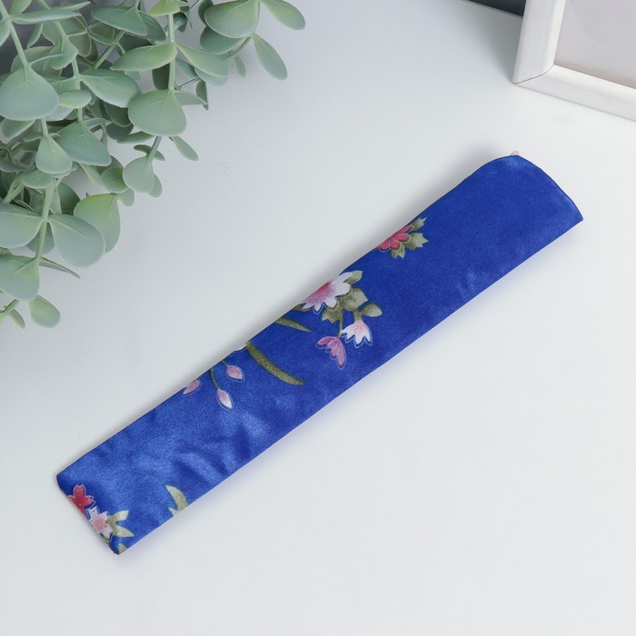Веер бамбук, текстиль h=21 см "Цветы" с чехлом, синий - фото 1907423148
