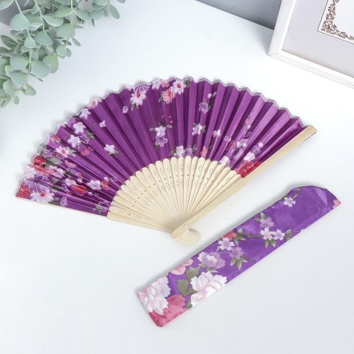 Веер бамбук, текстиль h=21 см "Цветы" с чехлом, фиолетовый - фото 10786329