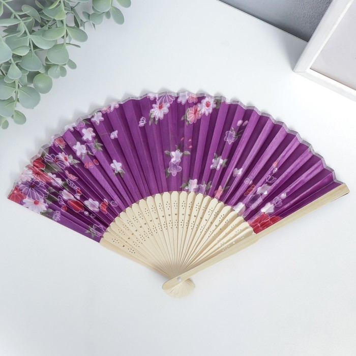 Веер бамбук, текстиль h=21 см "Цветы" с чехлом, фиолетовый - фото 1907423154