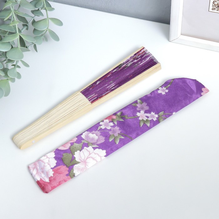 Веер бамбук, текстиль h=21 см "Цветы" с чехлом, фиолетовый - фото 1907423157
