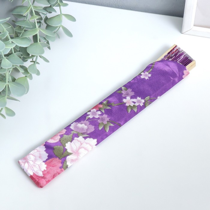 Веер бамбук, текстиль h=21 см "Цветы" с чехлом, фиолетовый - фото 1907423158