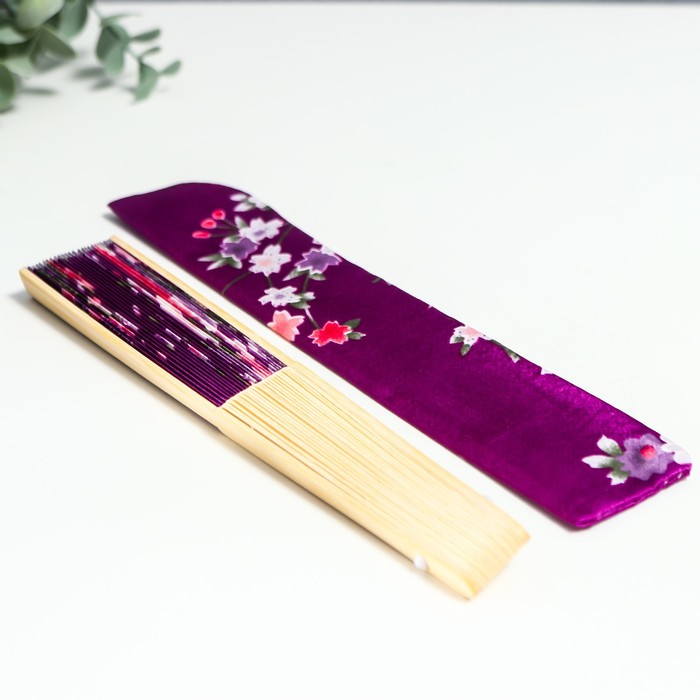 Веер бамбук, текстиль h=21 см "Цветы" с чехлом, фиолетовый - фото 1907423161