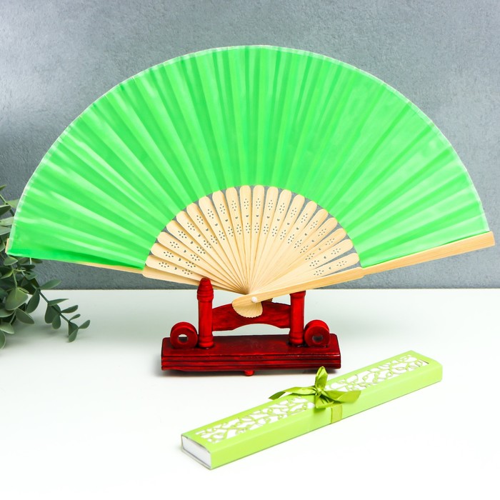 Веер бамбук, текстиль h=21 см "Моноцвет" в коробке, зелёный - Фото 1