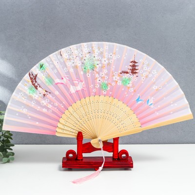 Веер складной h=21 см «Зайчики у сакуры», розовый, с кисточкой